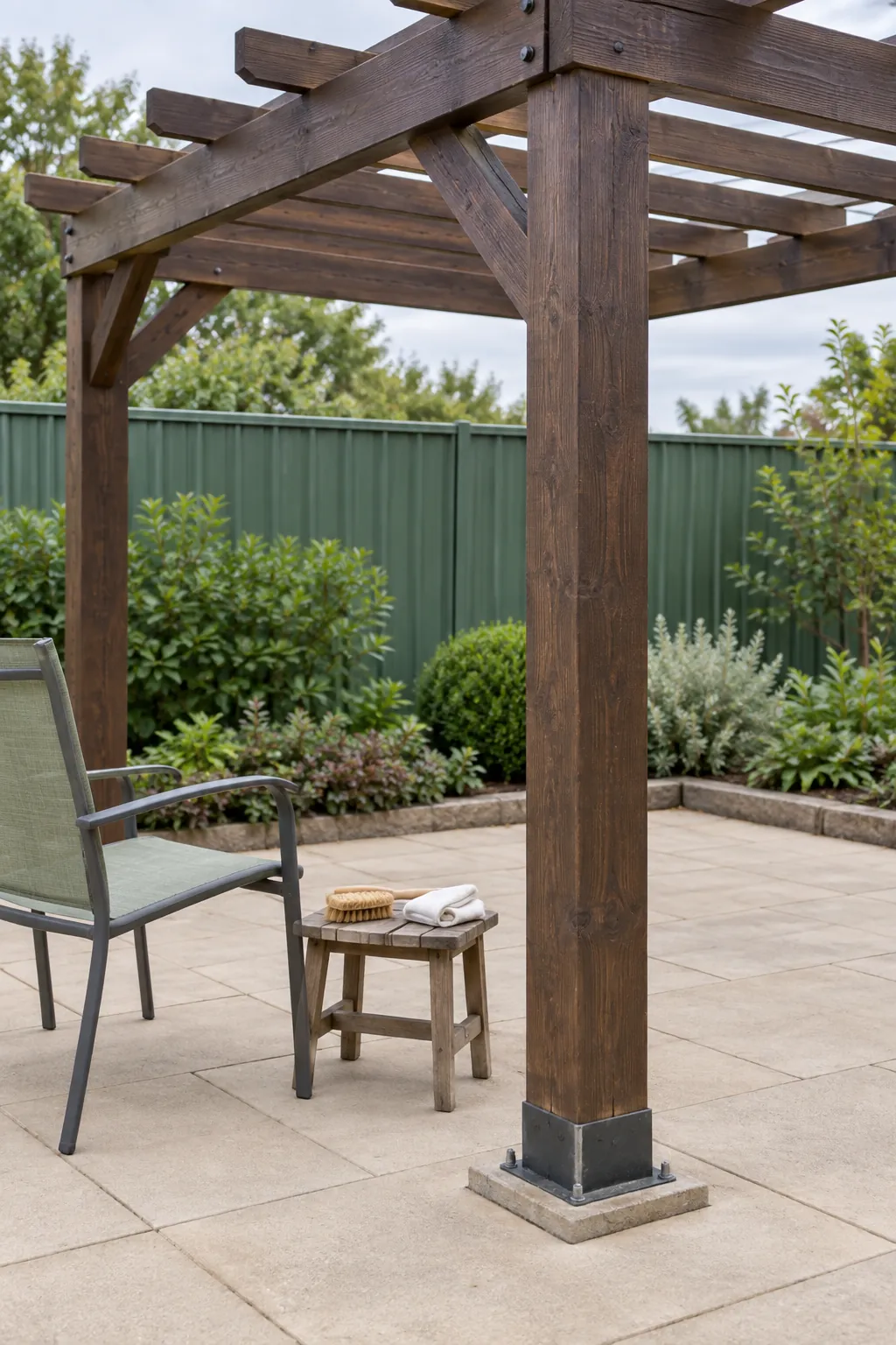A frame that can be inspected from every side in a garden pergola setting