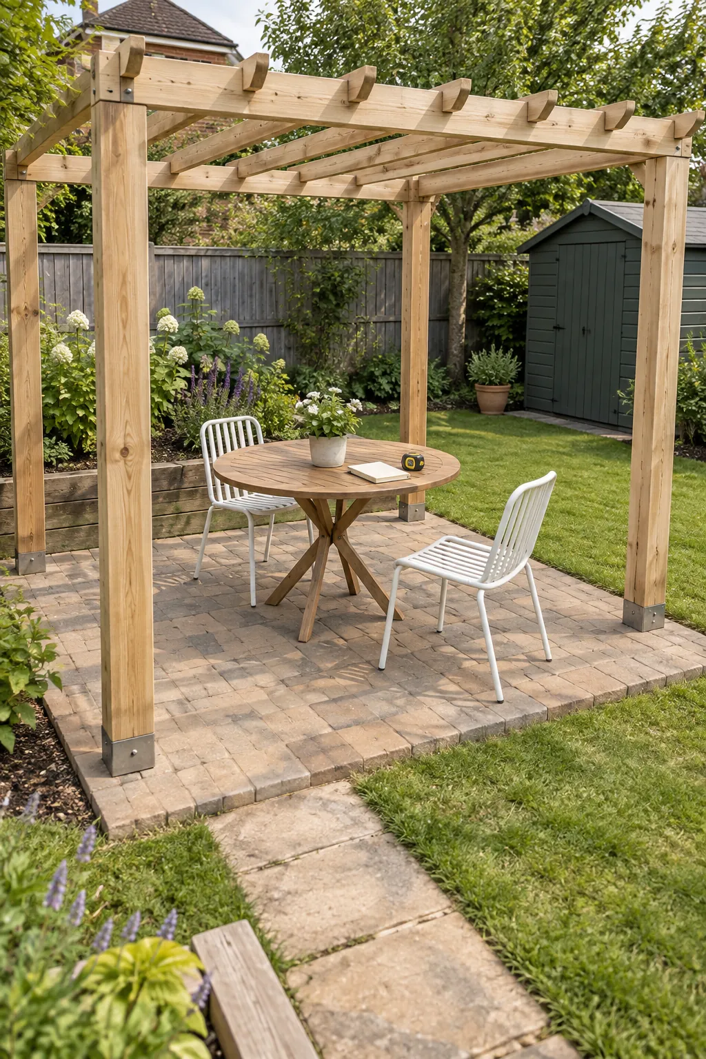 A simple footprint tested before building in a garden pergola setting