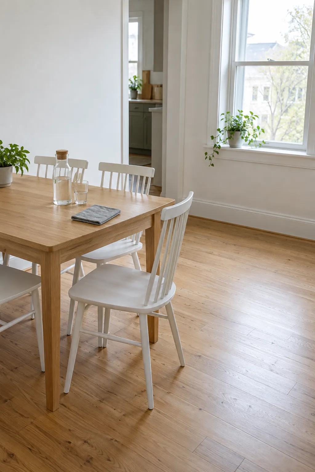 Small dining area with clear floor space between the table and wall