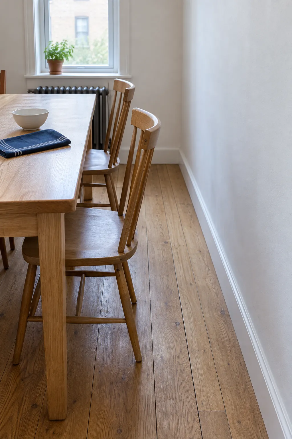 Compact oak dining table with clear space beside a plain white wall
