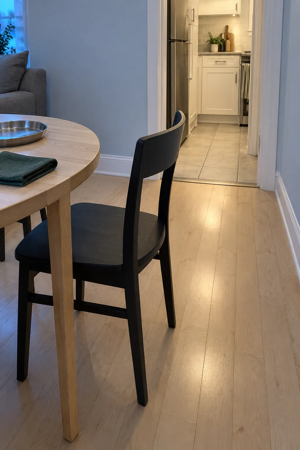 Pulled out dining chair beside an unobstructed passage toward a doorway