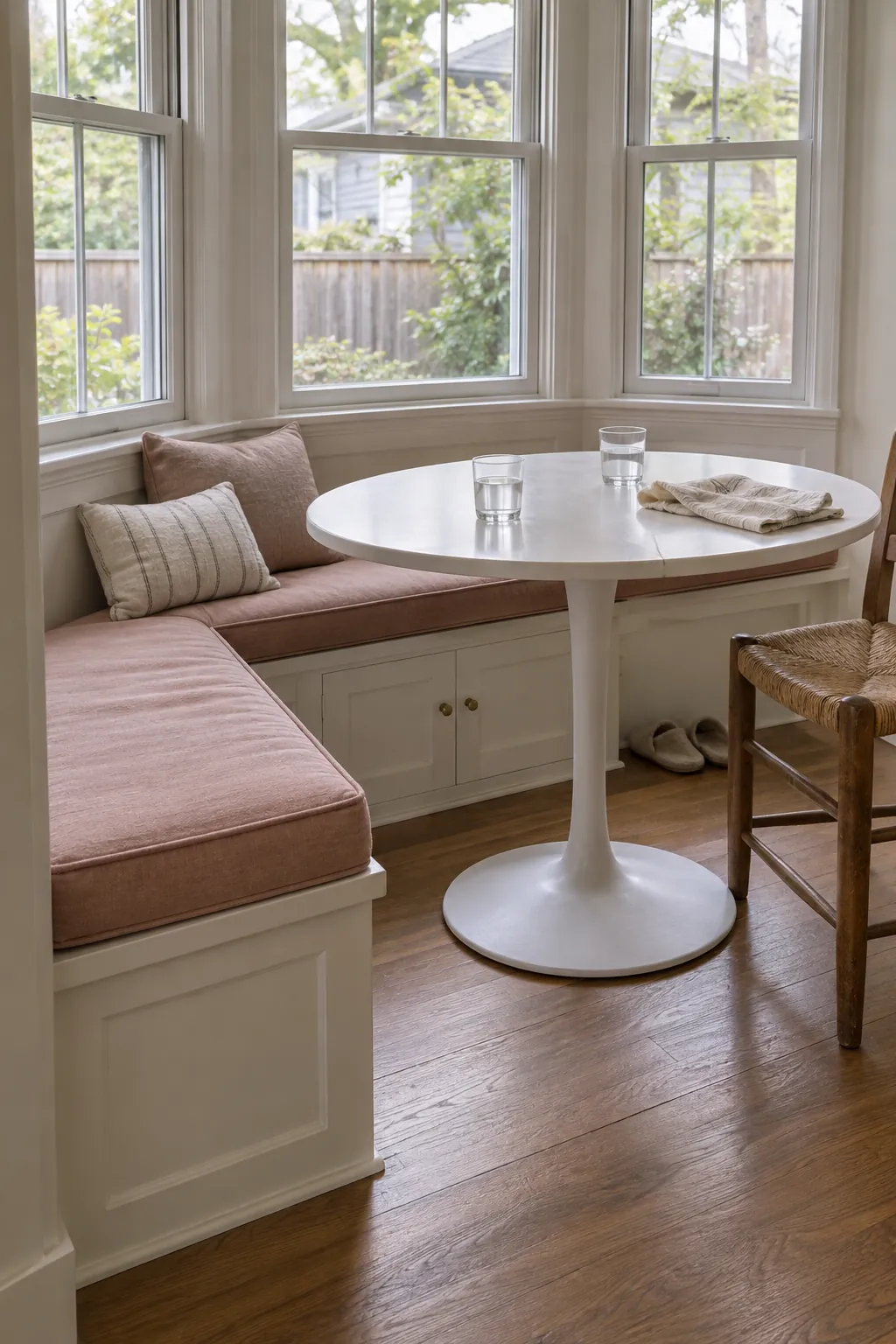 Window banquette and pedestal table with clear entry at the open end