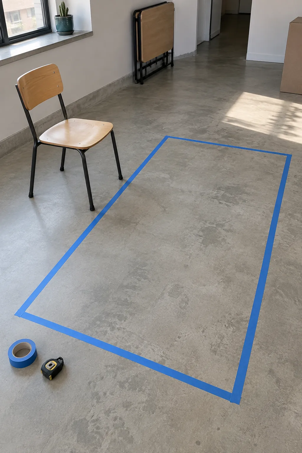 Removable tape marking a future dining tabletop footprint on an apartment floor
