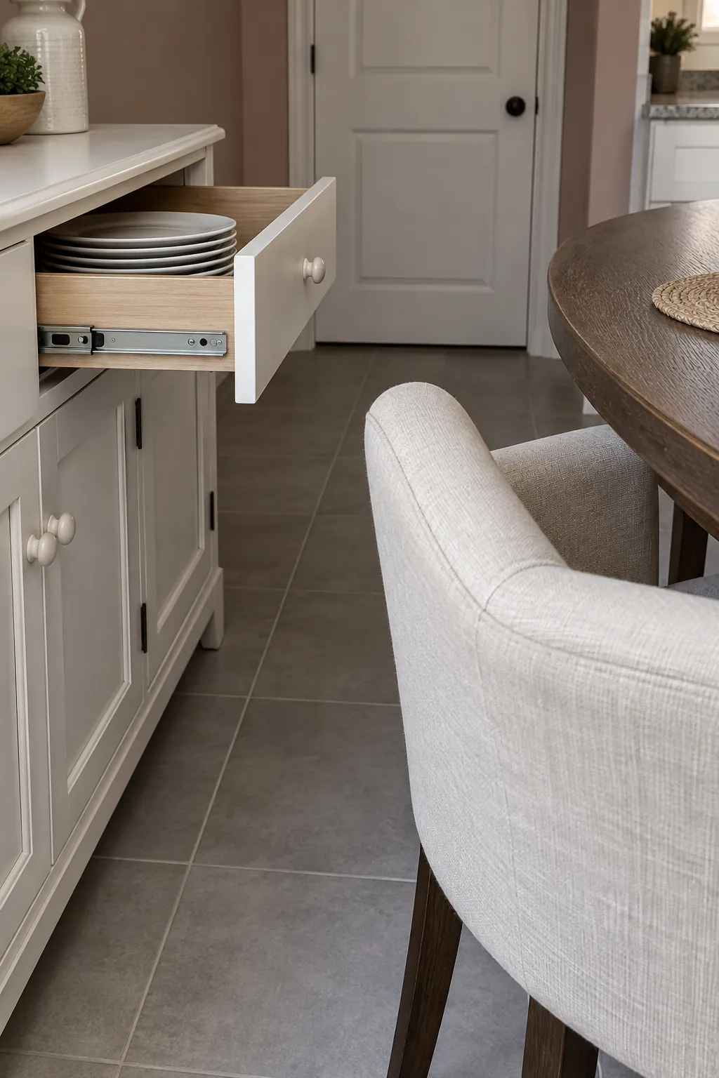Upholstered chair and opened dining cabinet drawer demonstrating furniture interference