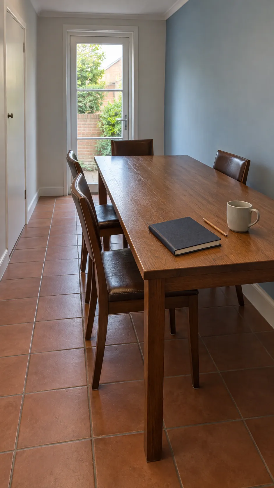 Modest rectangular table positioned lengthwise in a narrow dining room