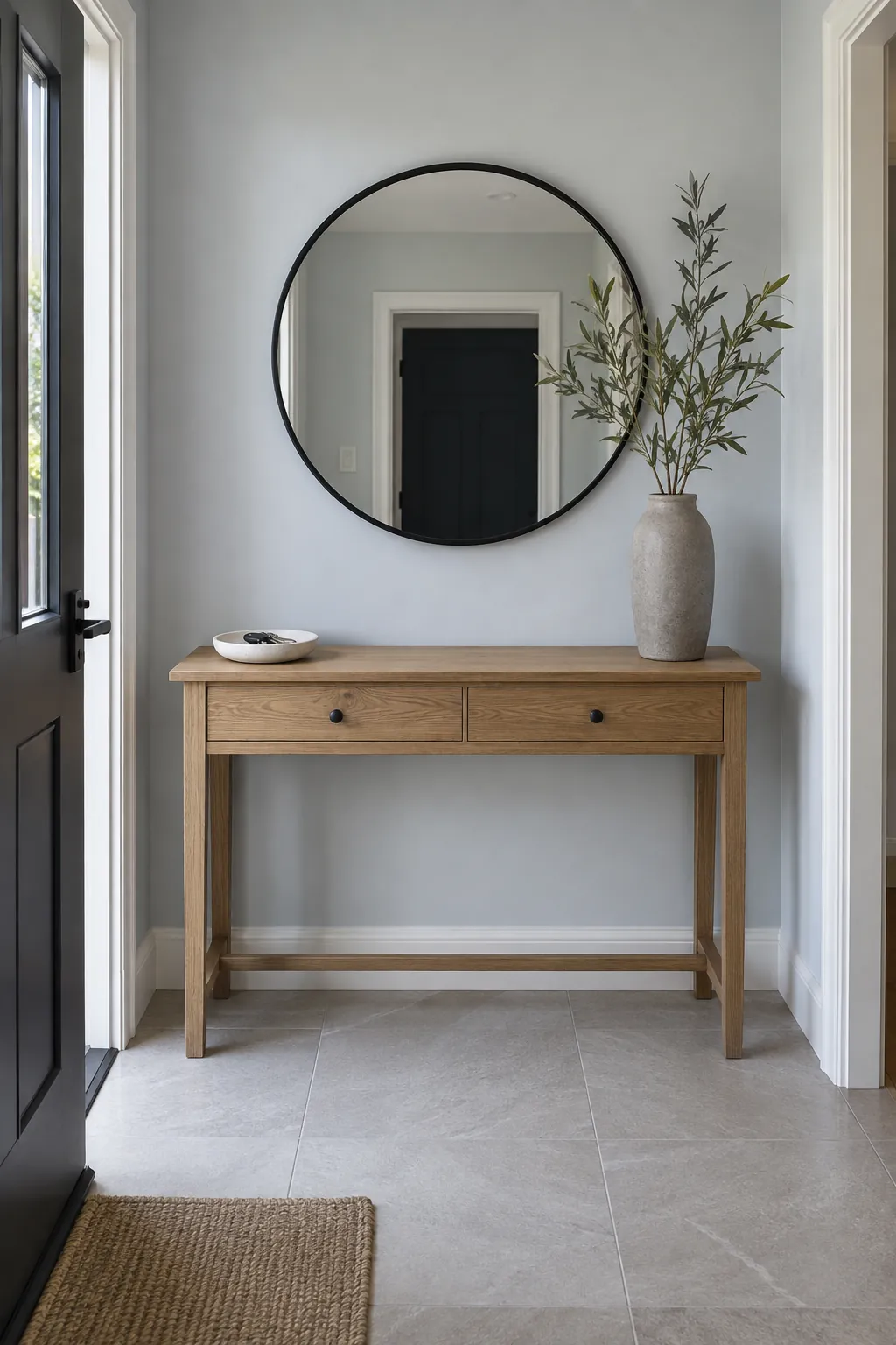 Round mirror and tall vase above a practical entryway console