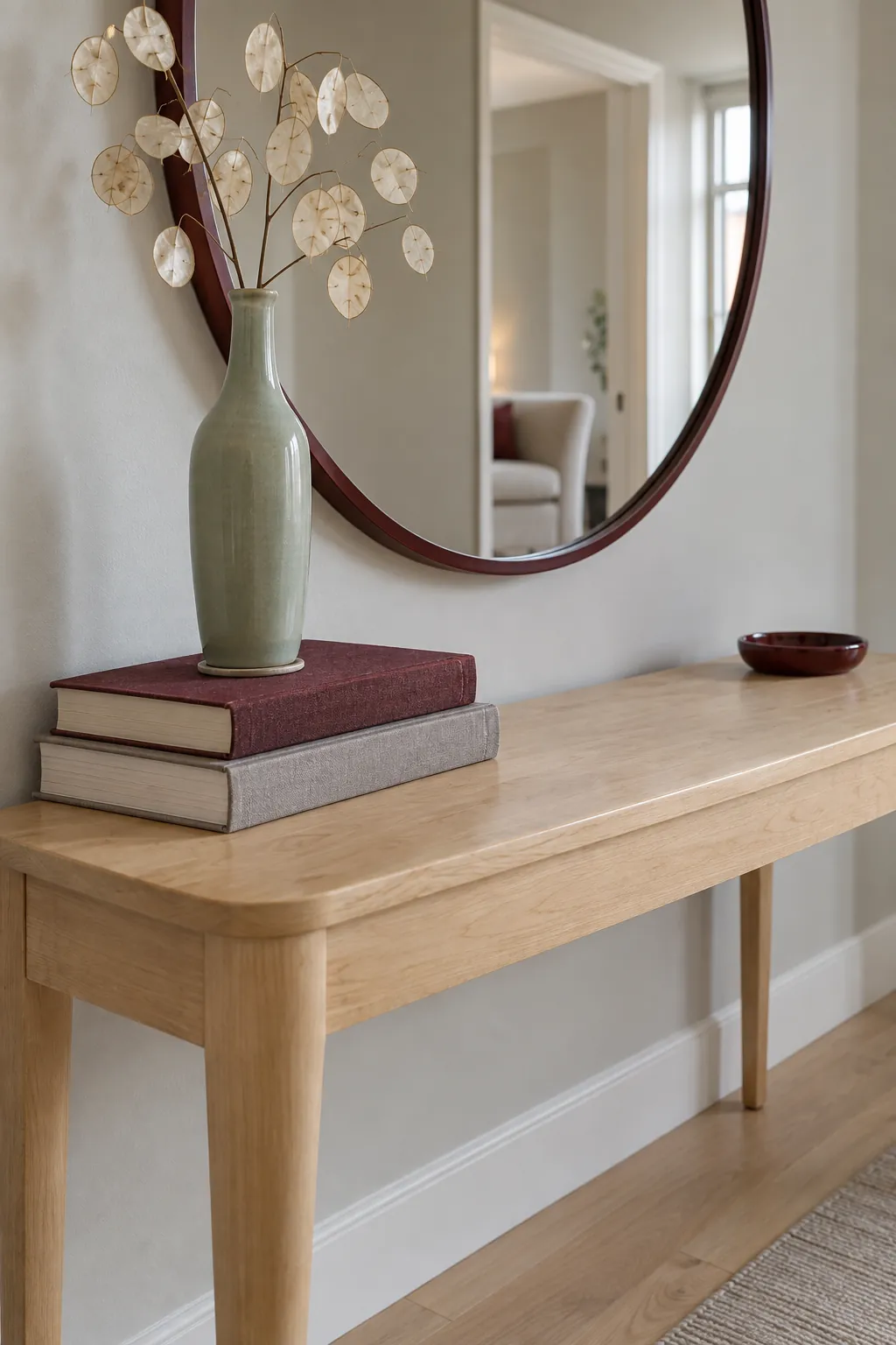 Raise a slender vase with a short book stack