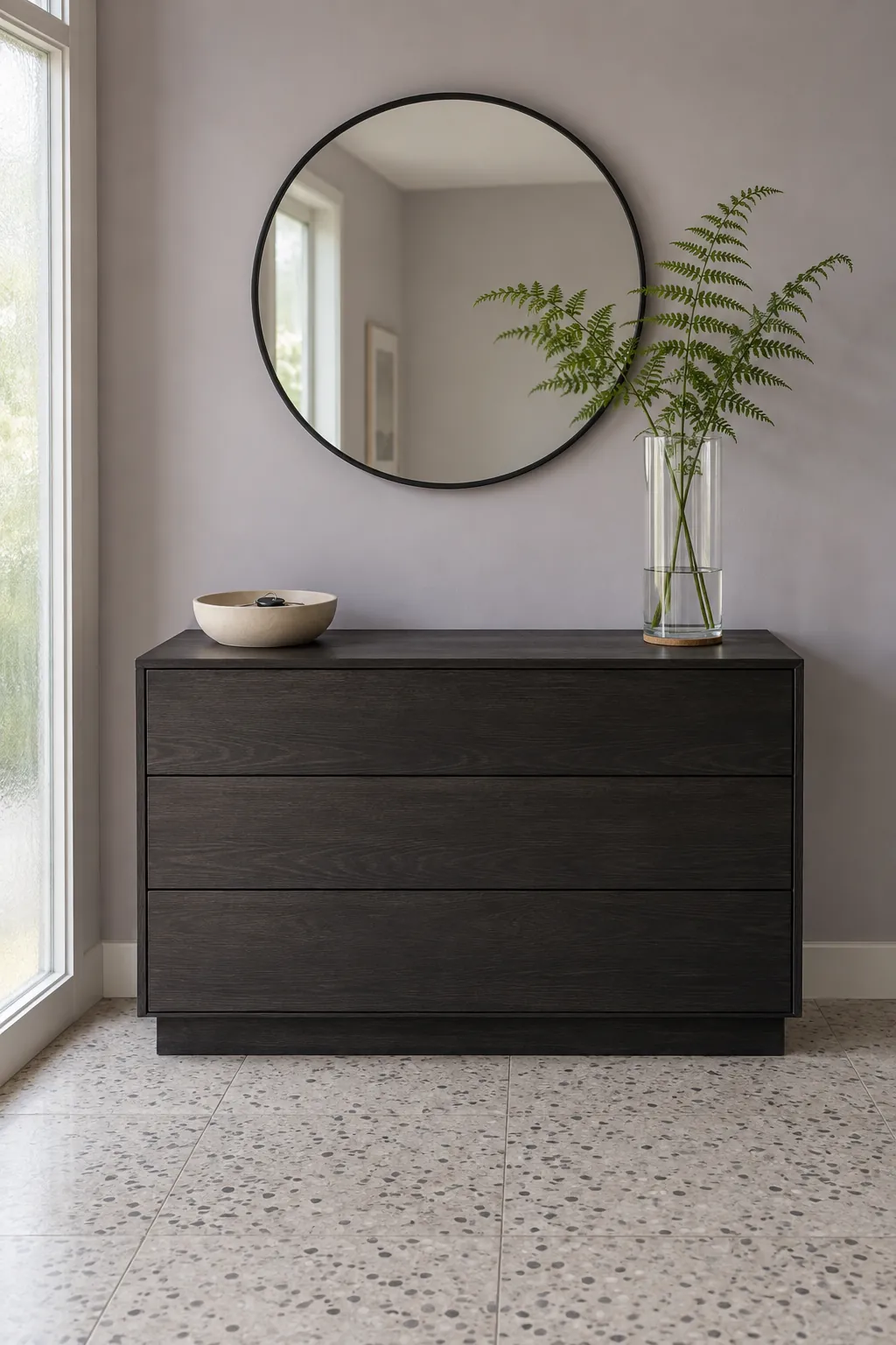 Soften a dark console with clear glass