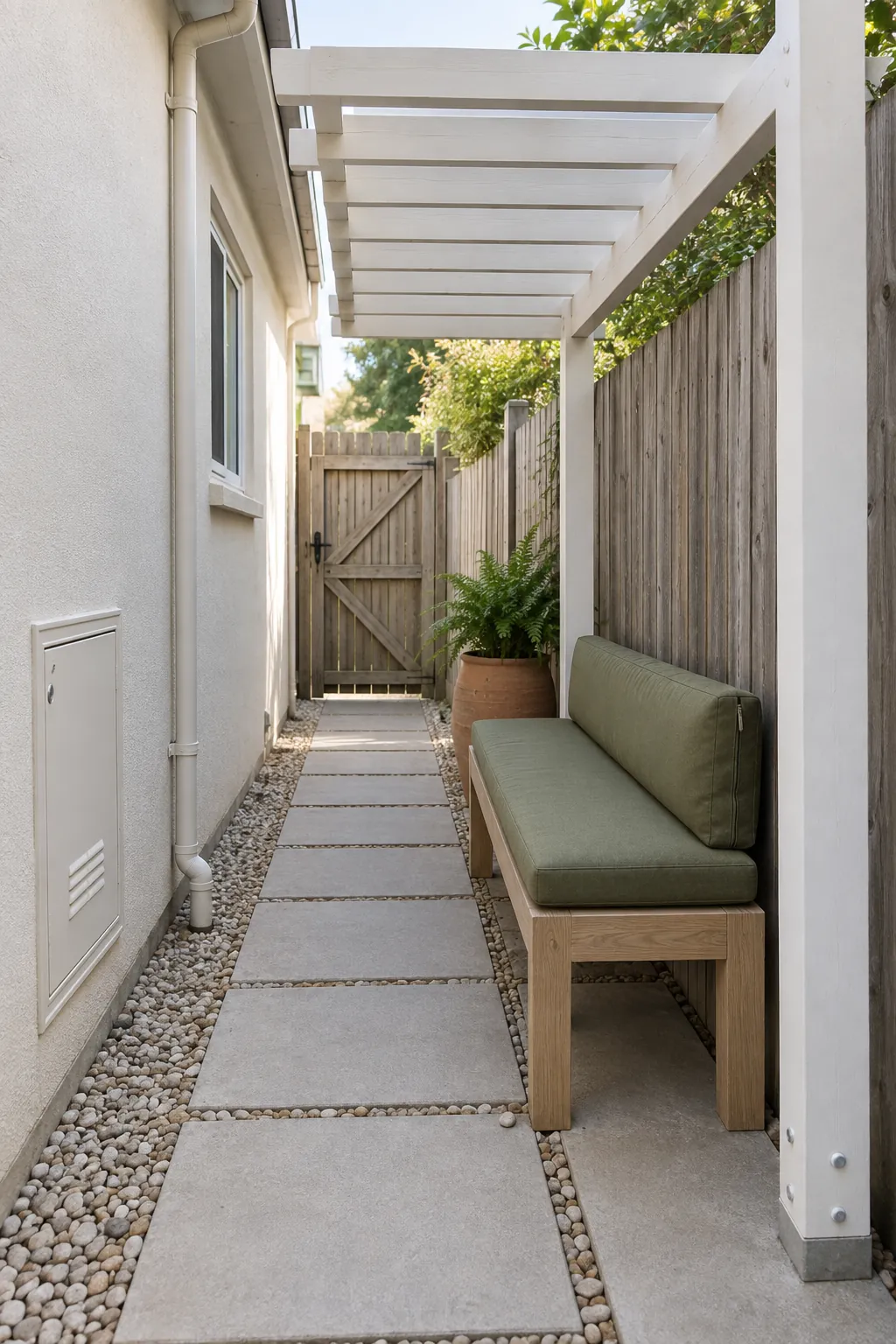 A narrow canopy along the side yard in a small outdoor space
