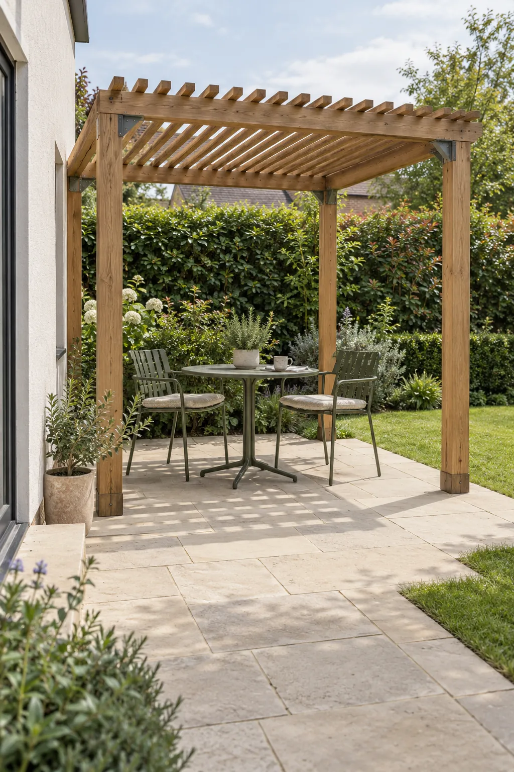 Compact timber pergola shading a bistro table on a small patio