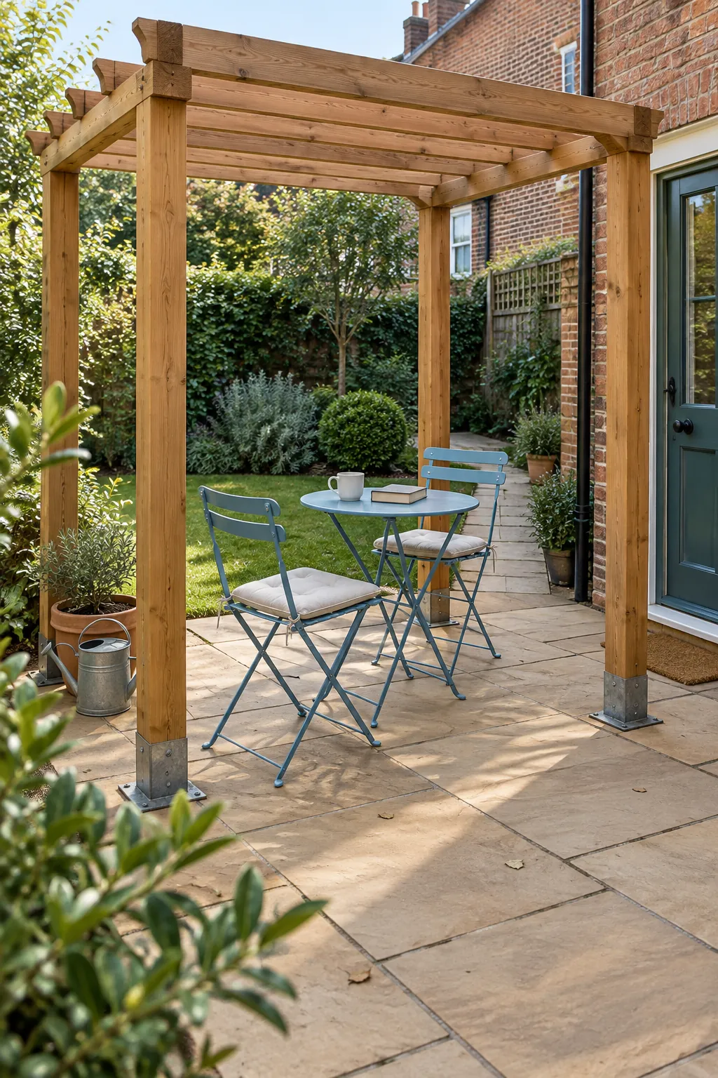 A bistro table under a compact square frame in a small outdoor space