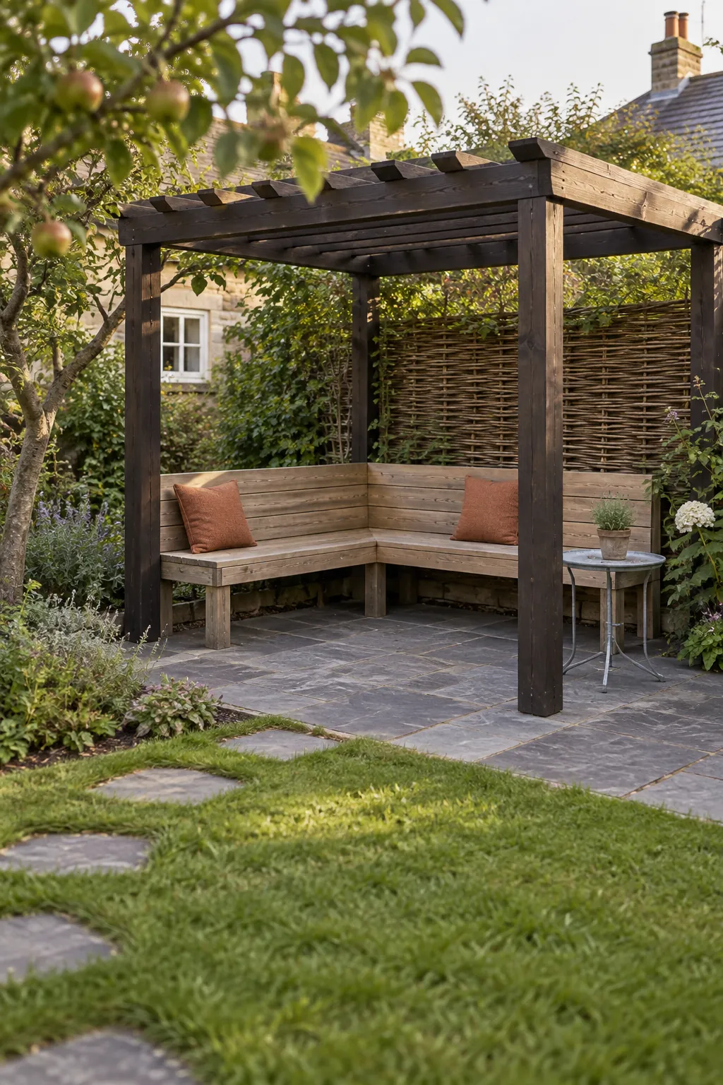 A corner bench beneath open rafters in a small outdoor space