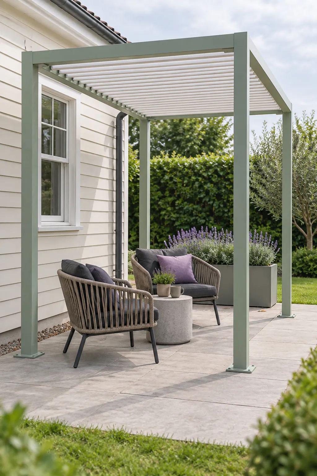 A freestanding frame beside the house in a small outdoor space