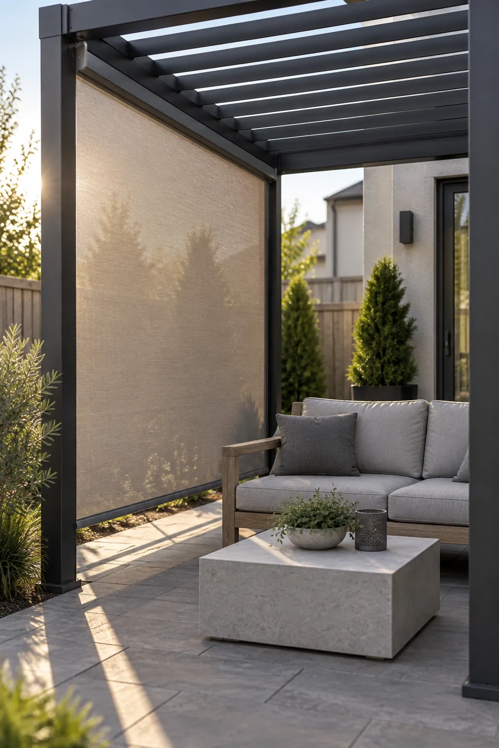 A low sun screen on the western edge in a small outdoor space