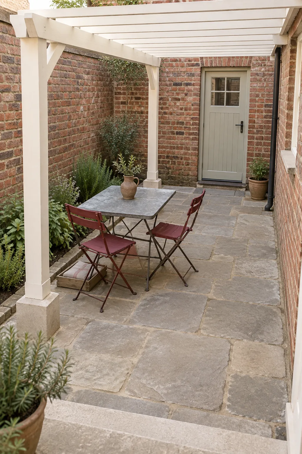 A light colored frame in a brick courtyard in a small outdoor space