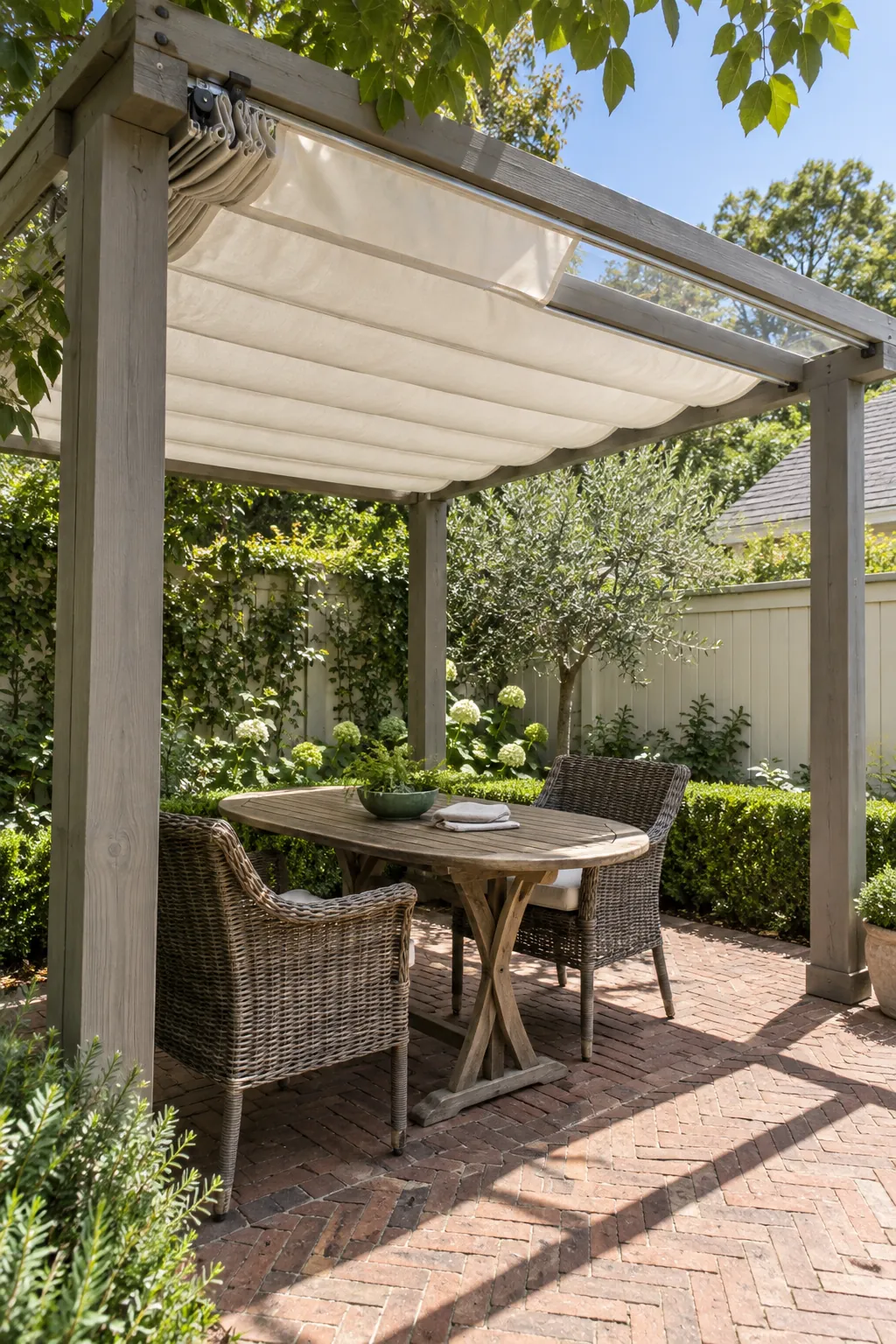 A retractable fabric shade for a sunny table in a small outdoor space
