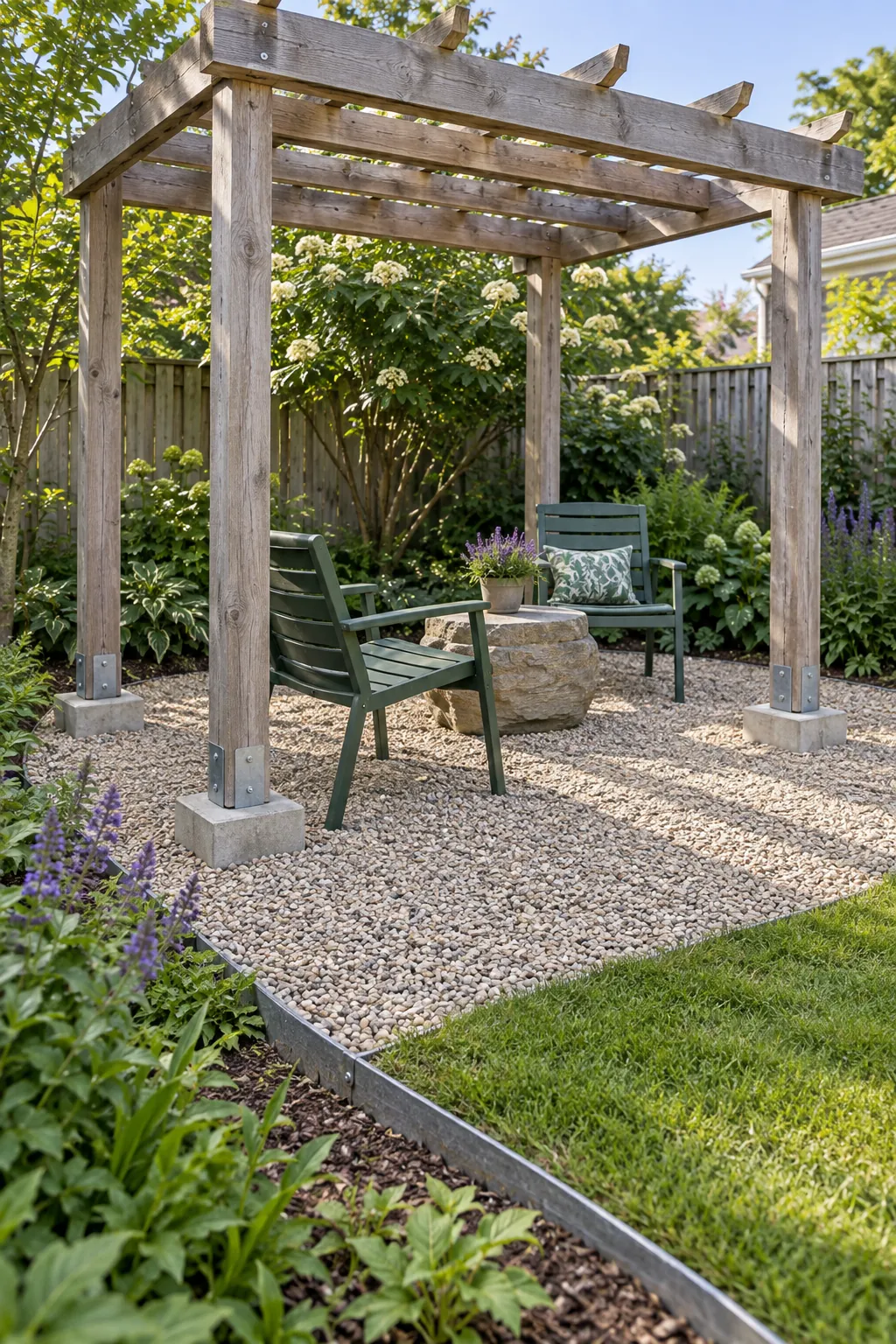 A timber frame over a gravel sitting spot in a small outdoor space