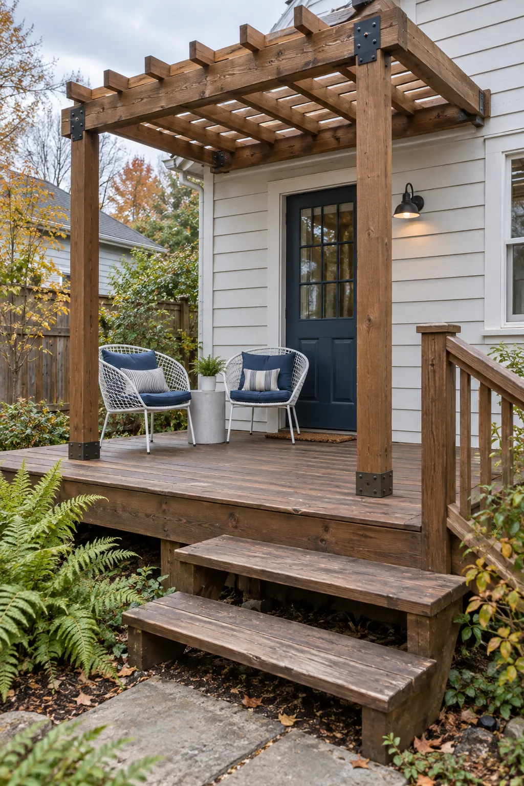 A pergola over a small deck landing in a small outdoor space