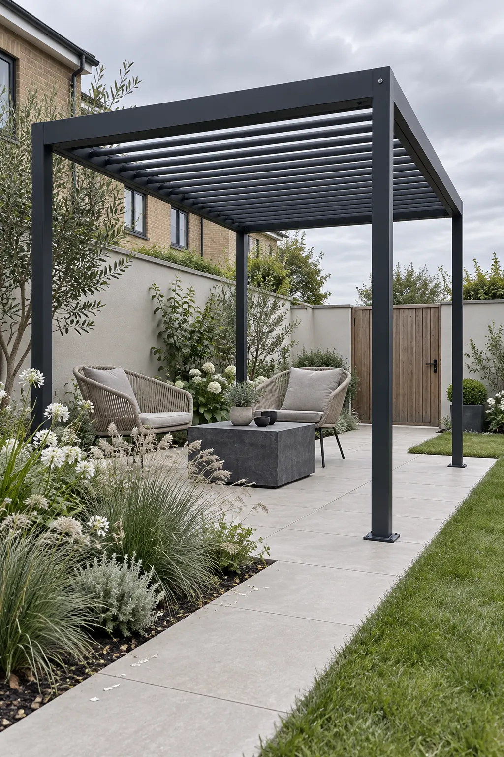 A dark metal frame with simple planting in a small outdoor space