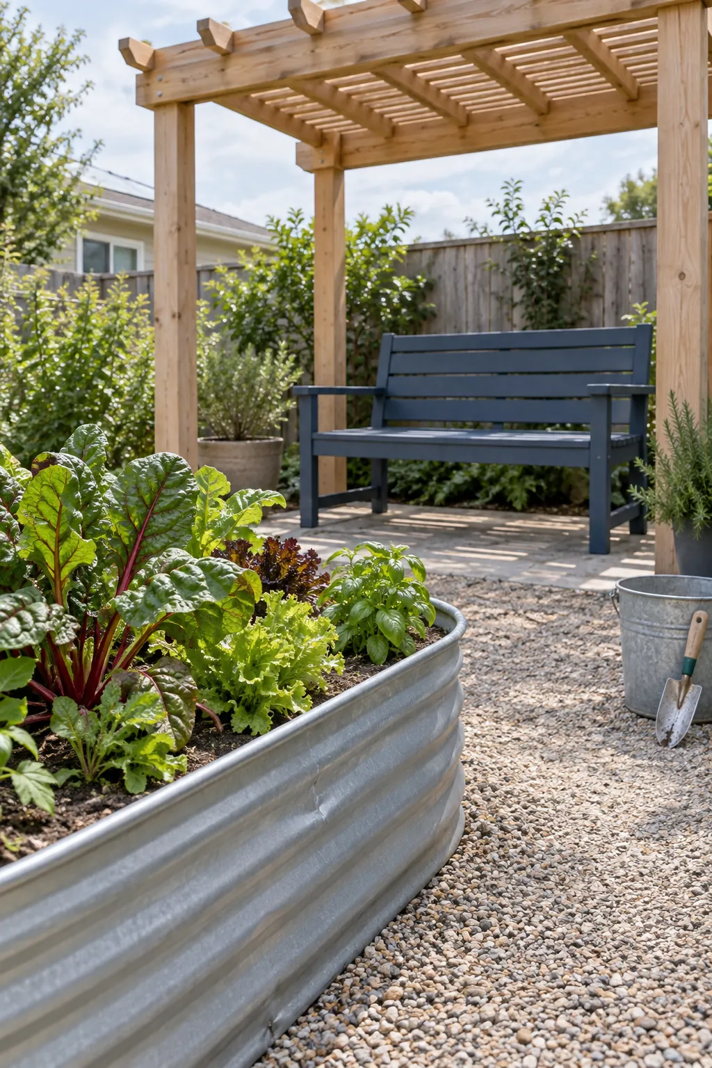 A bench facing a raised garden bed in a small outdoor space