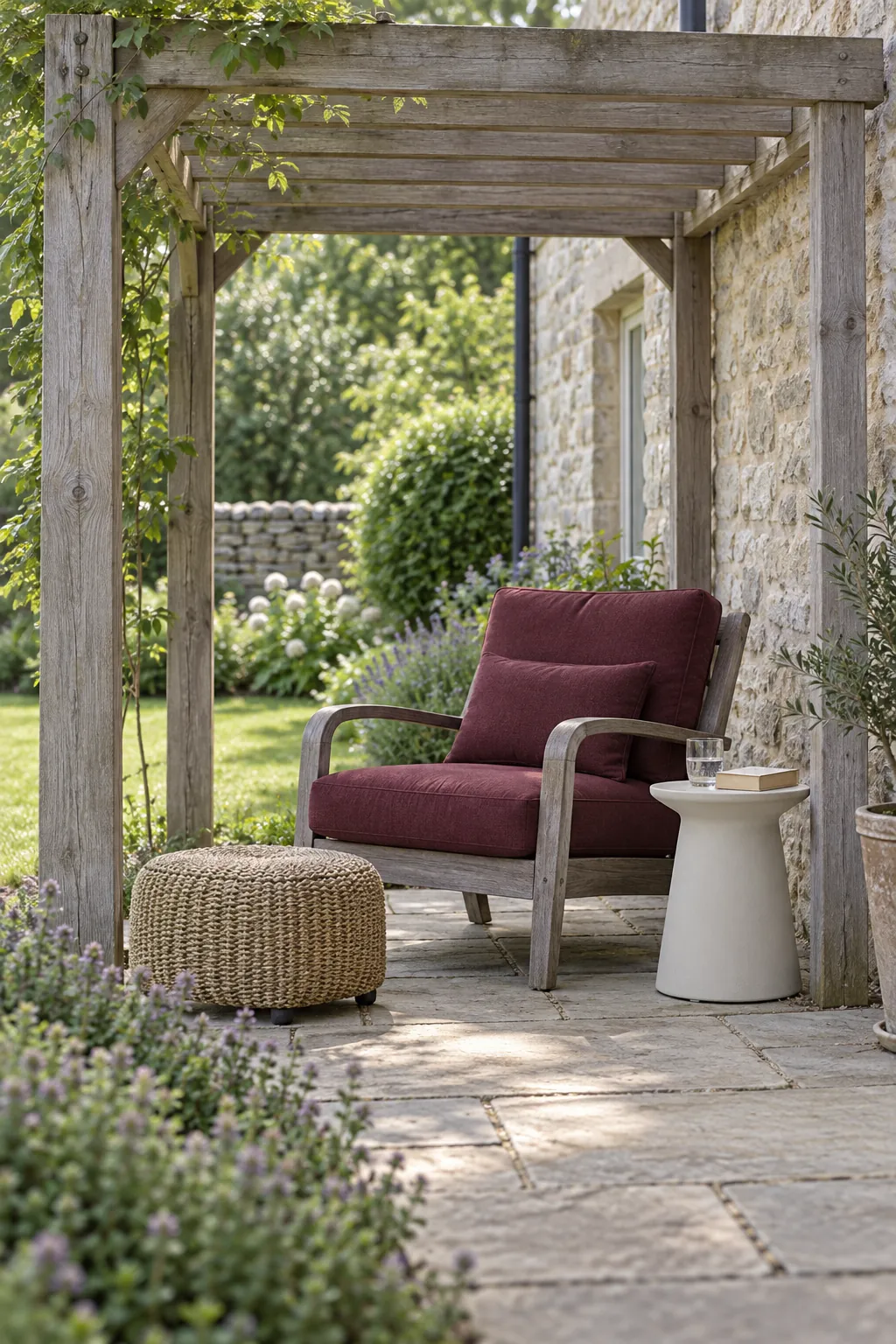 A reading chair with a movable footstool in a small outdoor space
