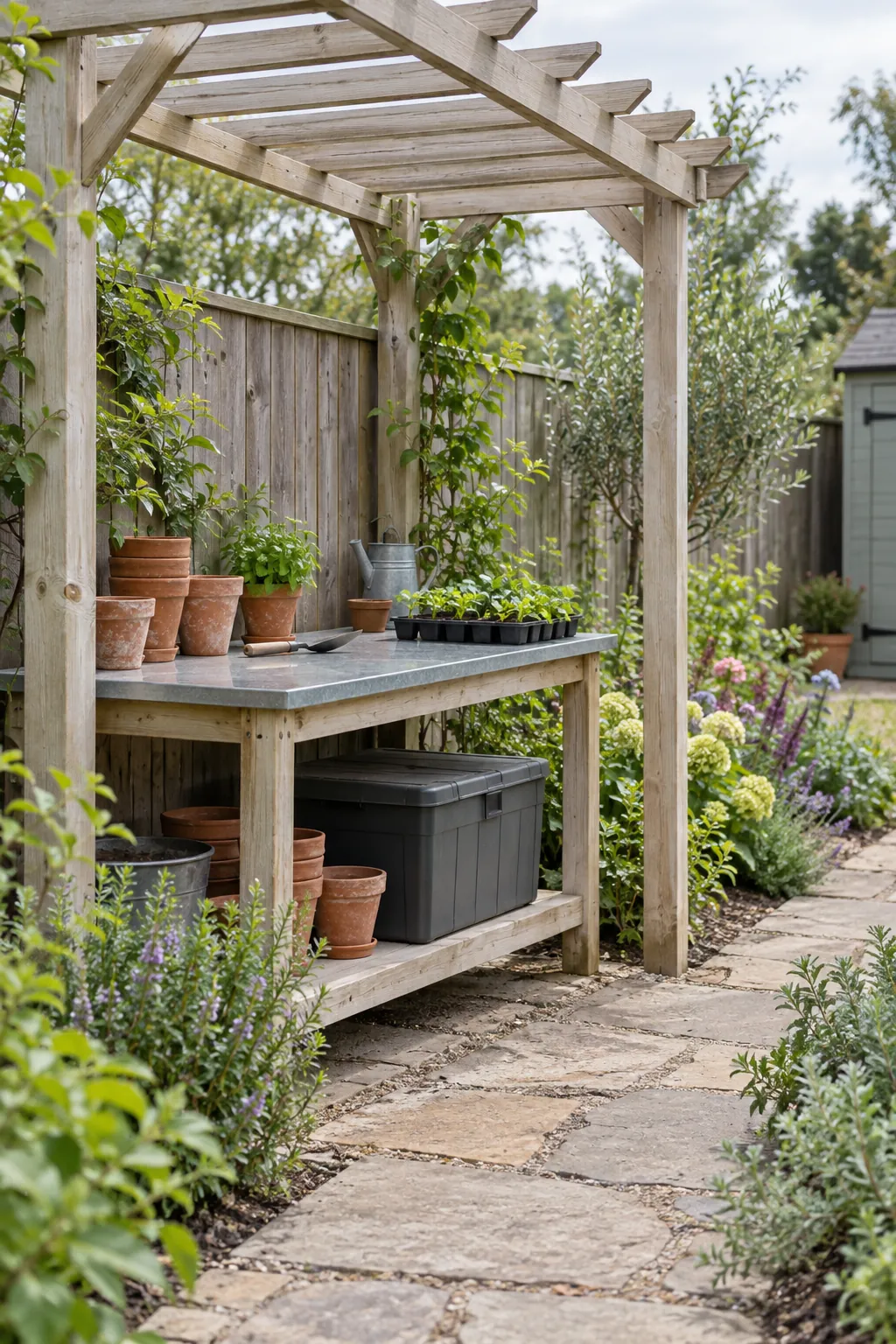 A sheltered potting corner with an open roof in a small outdoor space