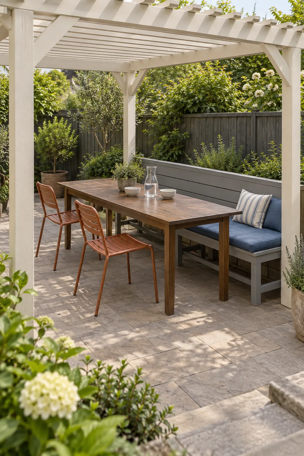 A compact dining space with a built in bench in a small outdoor space