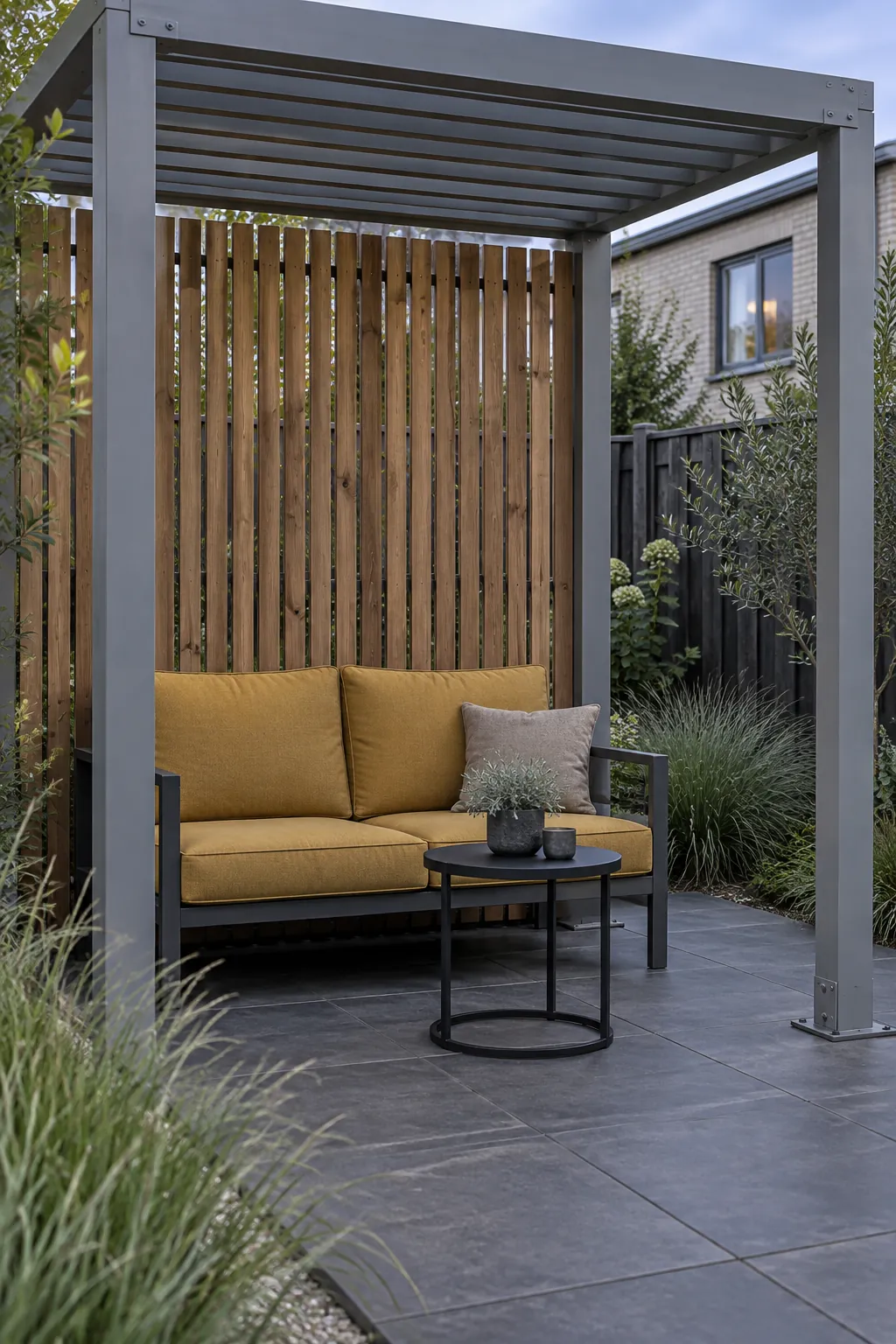 A slatted privacy side with an airy front in a small outdoor space