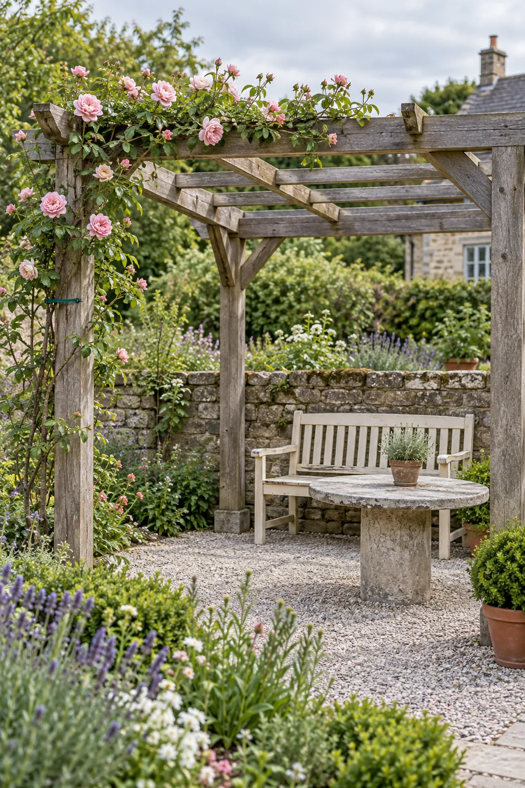 A climbing plant trained along one beam in a small outdoor space