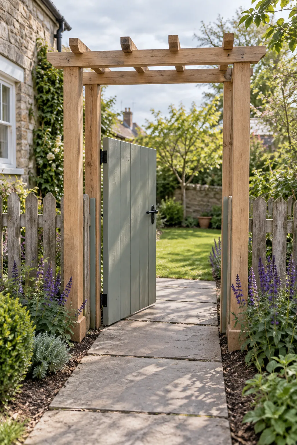 A slim pergola framing the garden gate in a small outdoor space