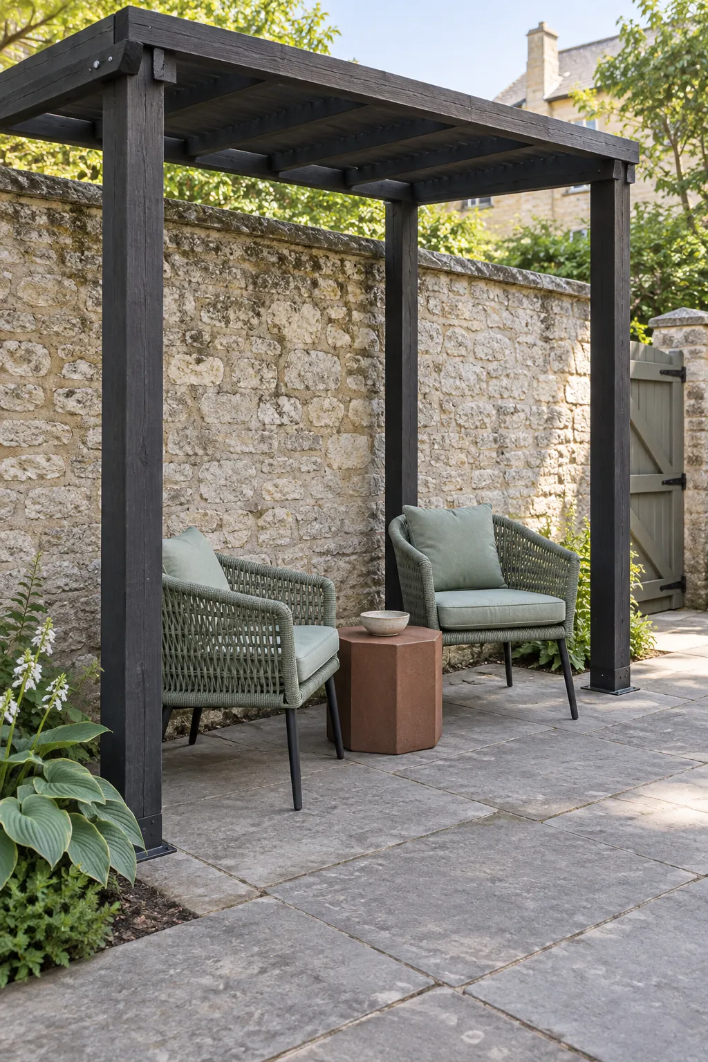 A small lounge beside a garden wall in a small outdoor space