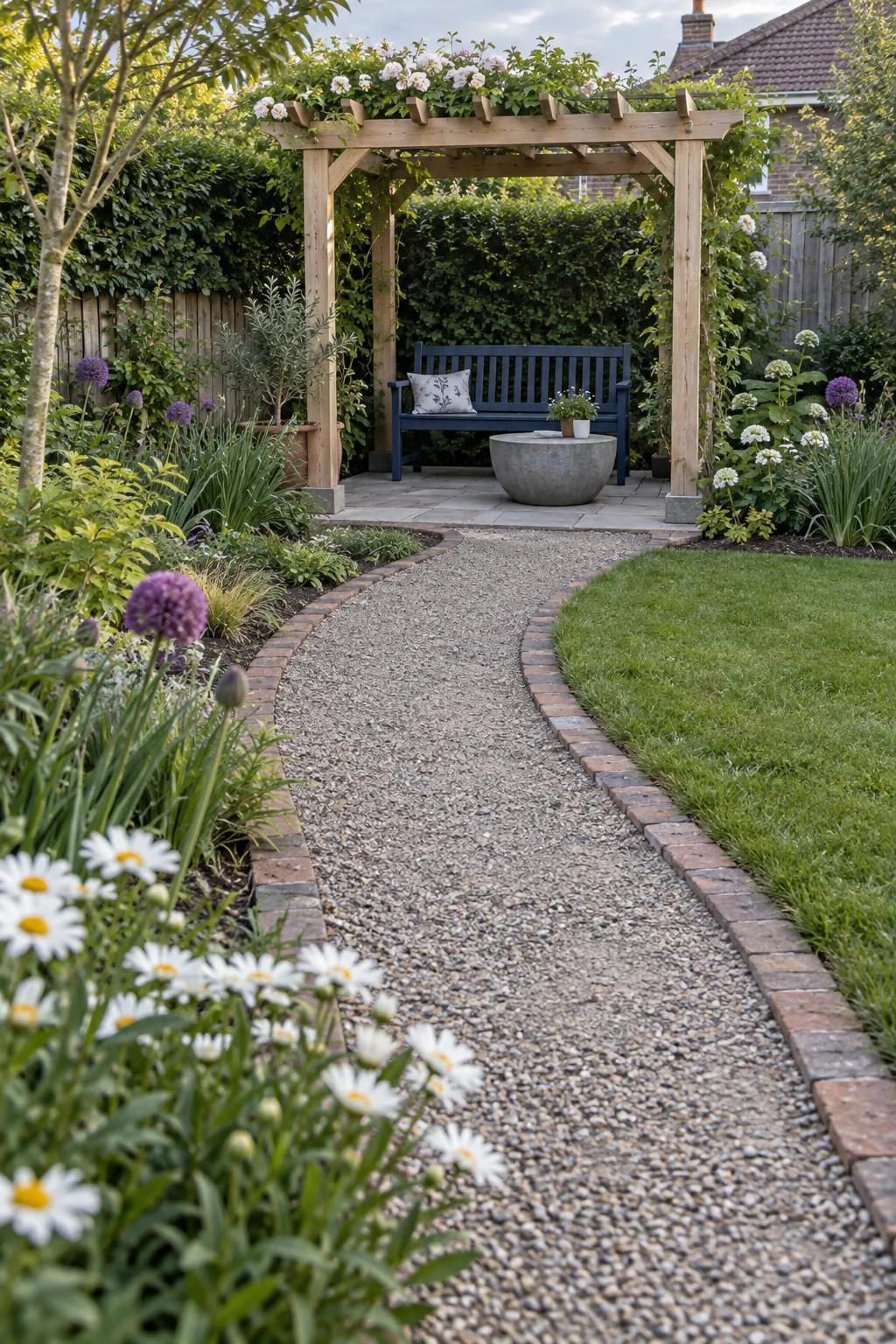 A curved path leading to a tiny retreat in a small outdoor space