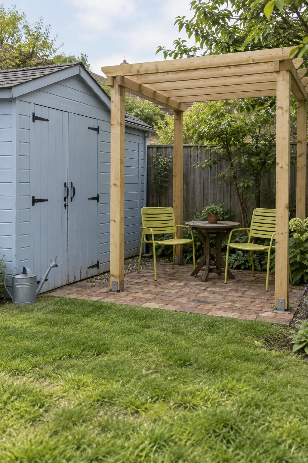 A miniature outdoor room beside a shed in a small outdoor space