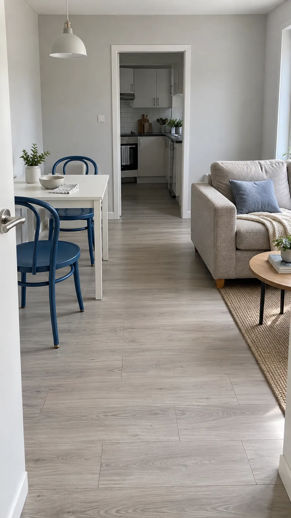 Small shared living and dining room with a clear route beside the furniture