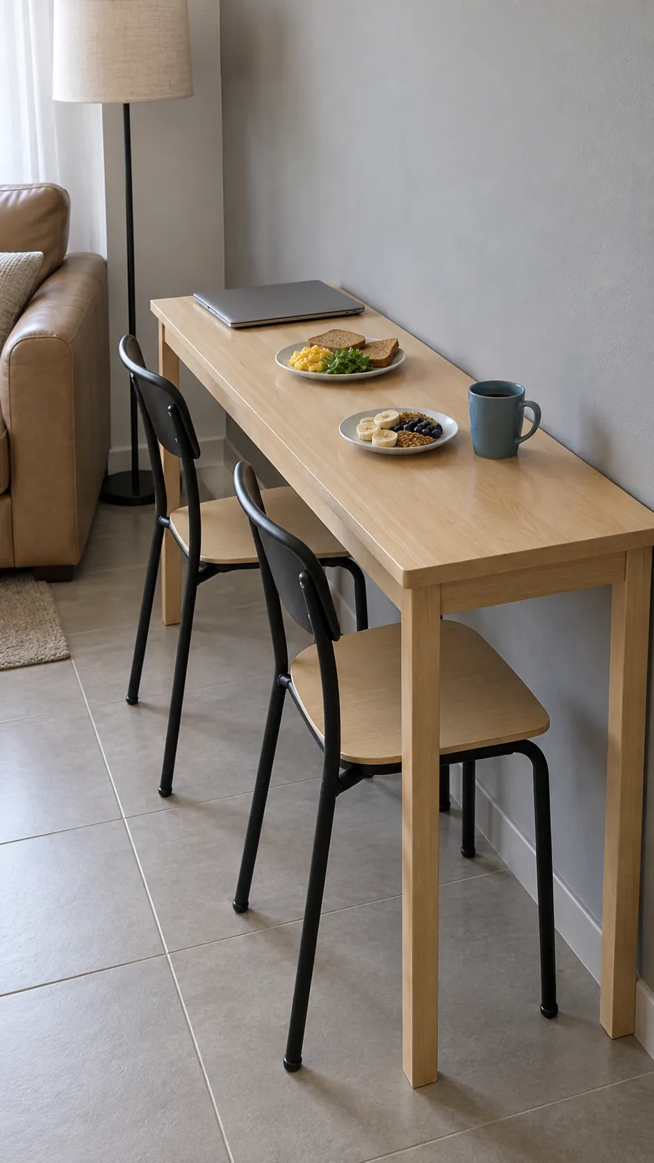 Slim wall placed dining table with two exposed seating positions
