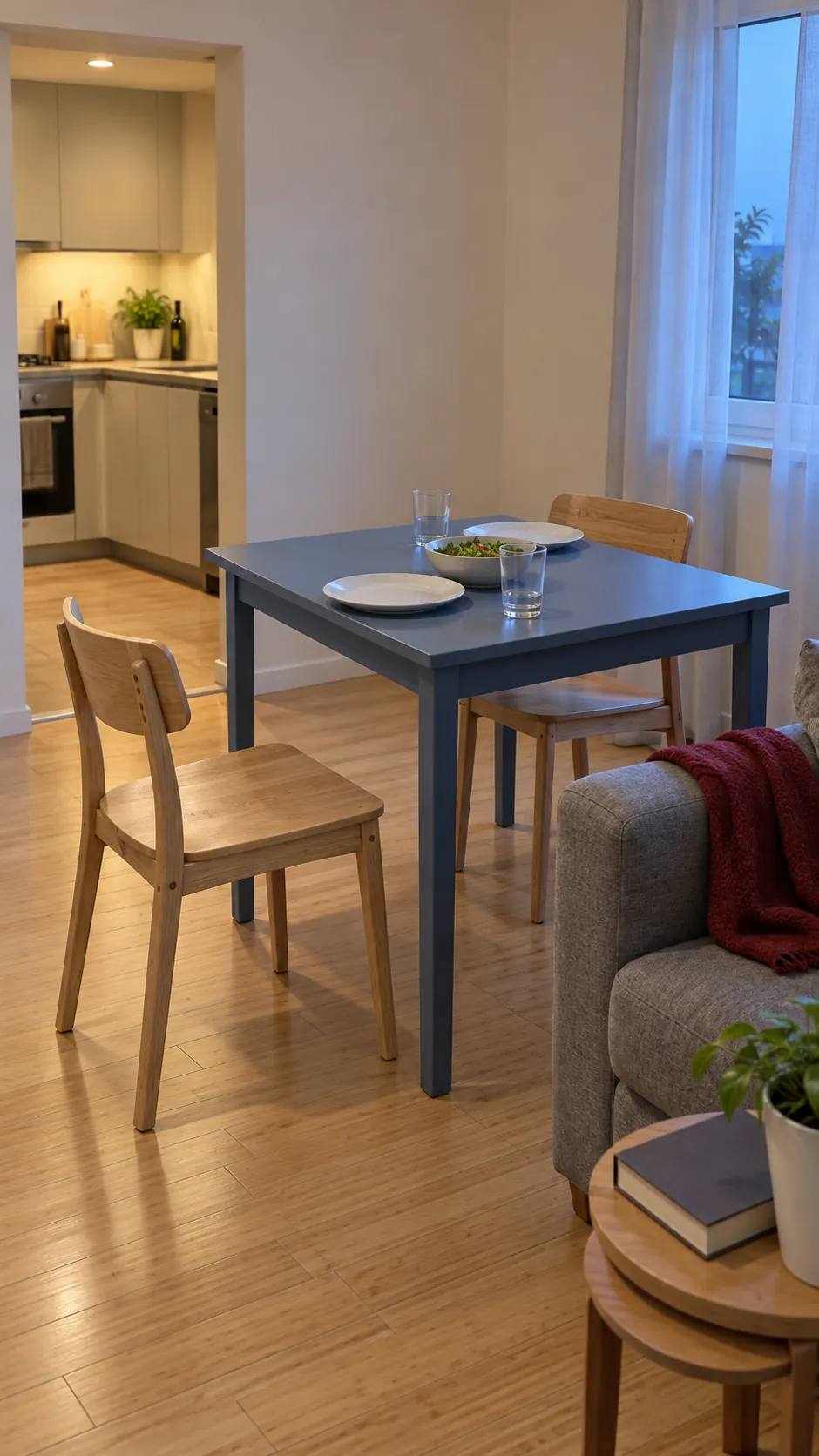 Shared dining table ready for a meal with an open path to the sitting area