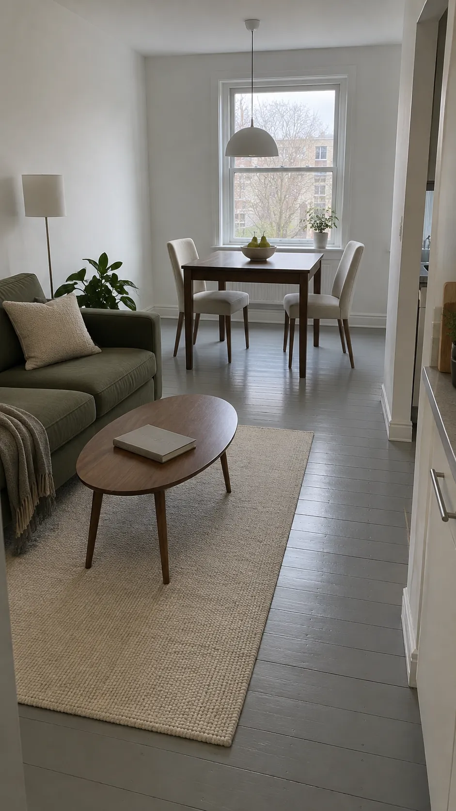 Living area rug and separate dining zone without a bulky partition
