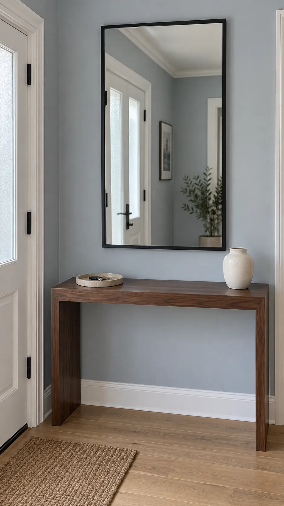 Mirror hung above an entryway console with a comfortable visible gap