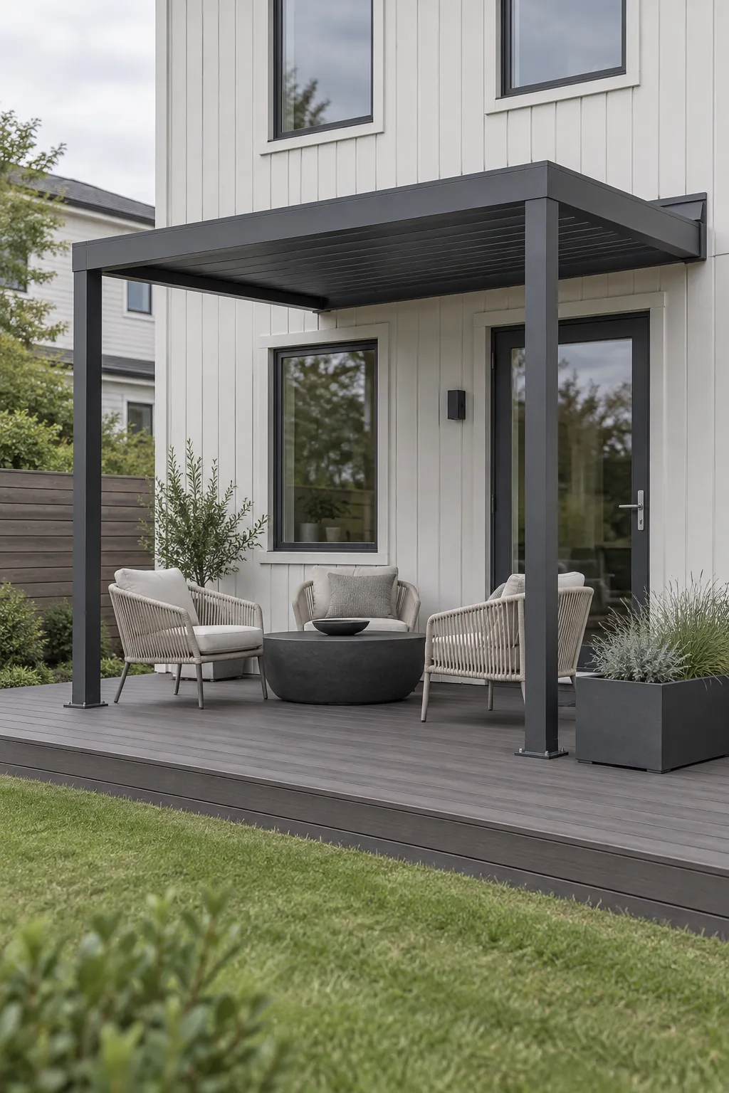 A modern black frame against light siding beneath an attached deck pergola