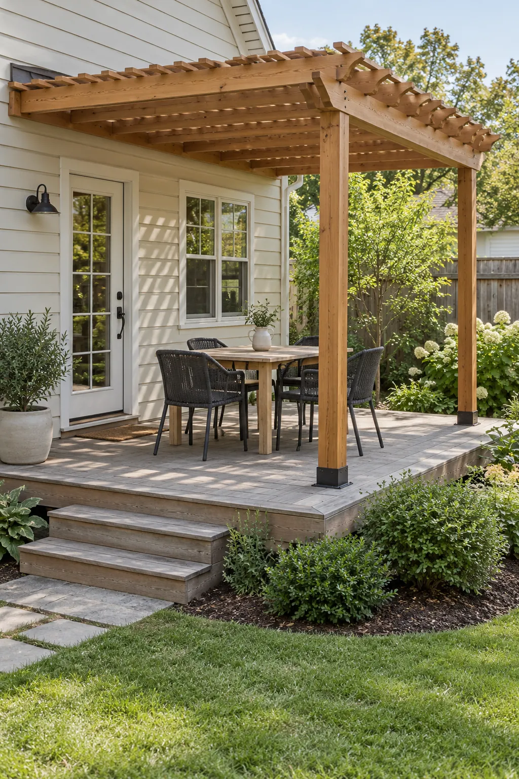 Attached timber pergola shading a dining table on a compact back deck