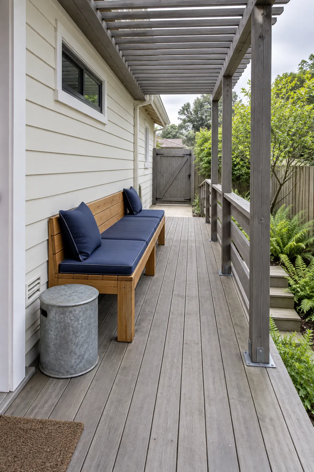 A narrow attached frame over a side deck beneath an attached deck pergola