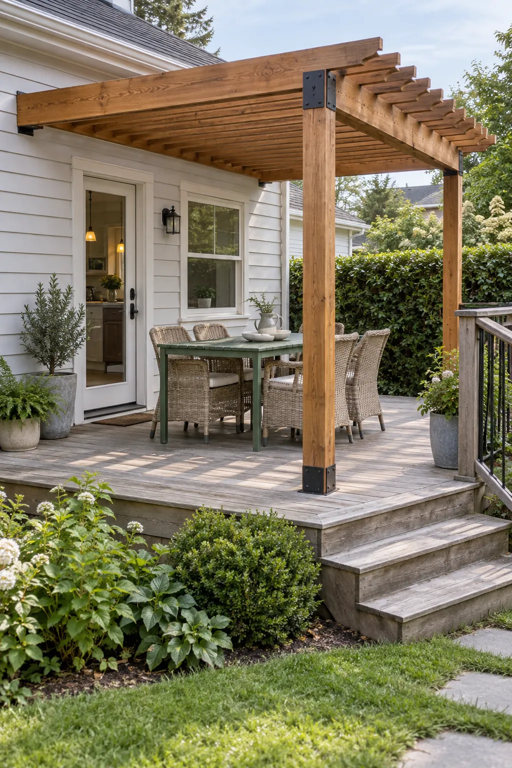 A dining canopy aligned with the kitchen door beneath an attached deck pergola