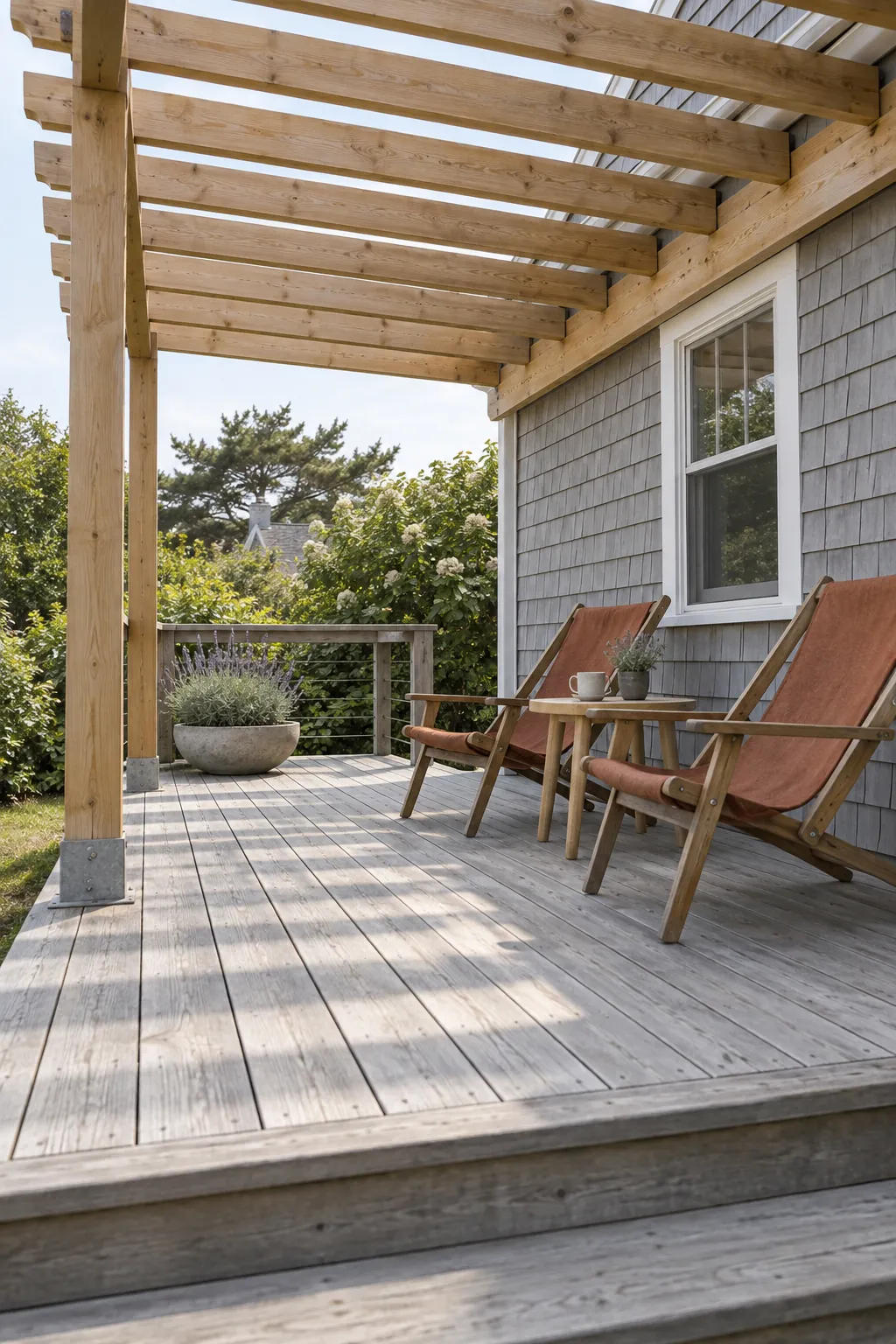 A timber canopy that follows the deck boards beneath an attached deck pergola