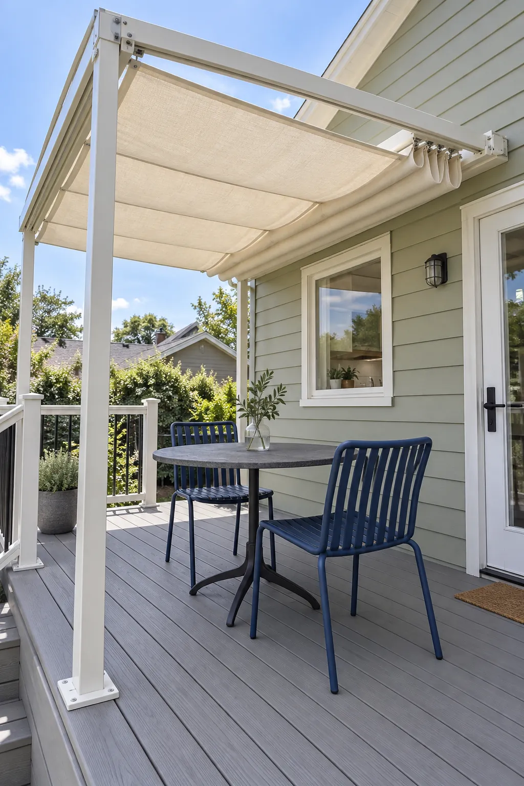 A retractable canopy for changing light beneath an attached deck pergola