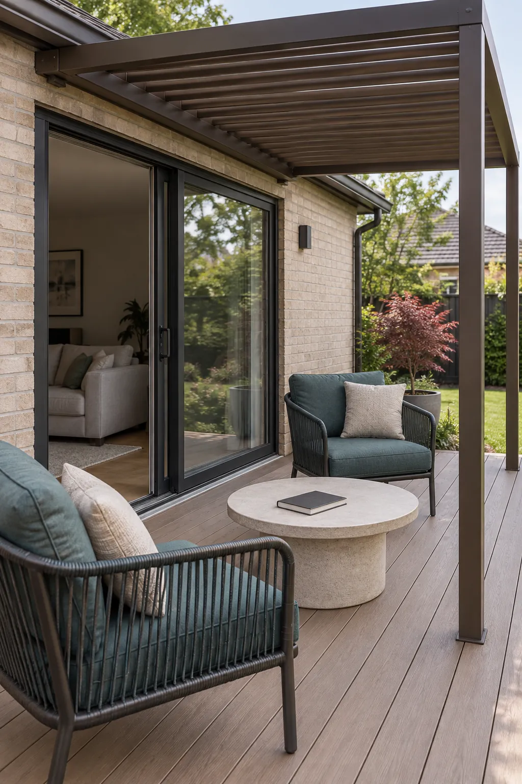 A shaded lounge beside sliding doors beneath an attached deck pergola