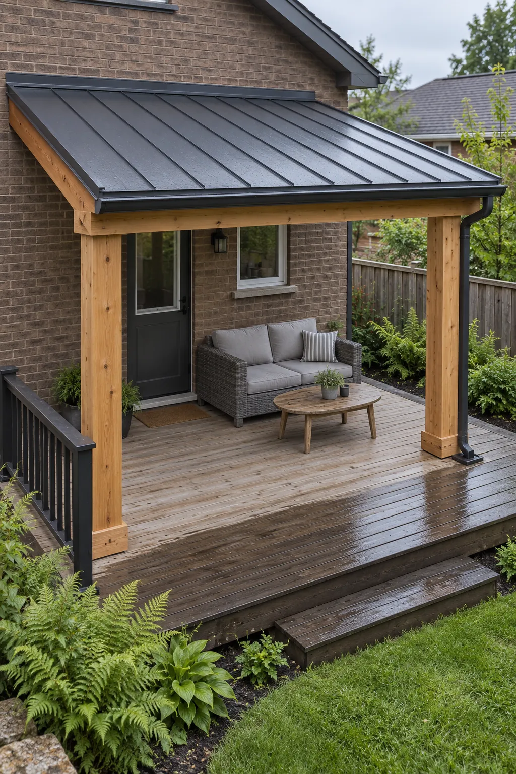 A solid roof with planned drainage beneath an attached deck pergola