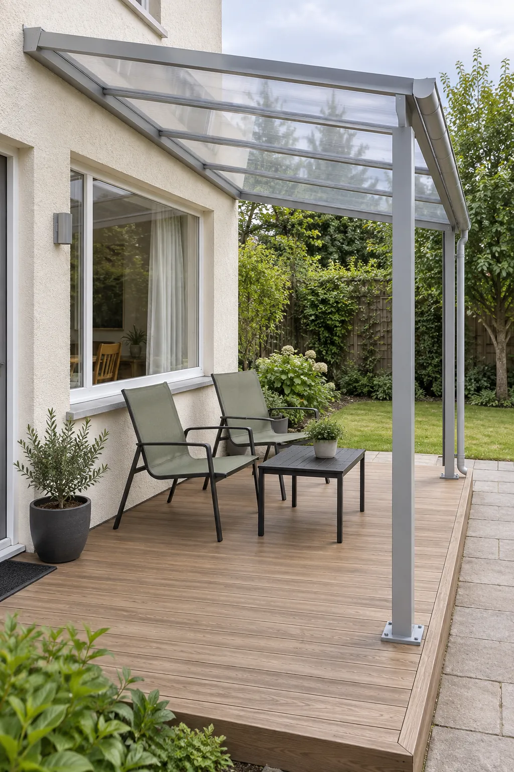 A clear roof that keeps the back room bright beneath an attached deck pergola