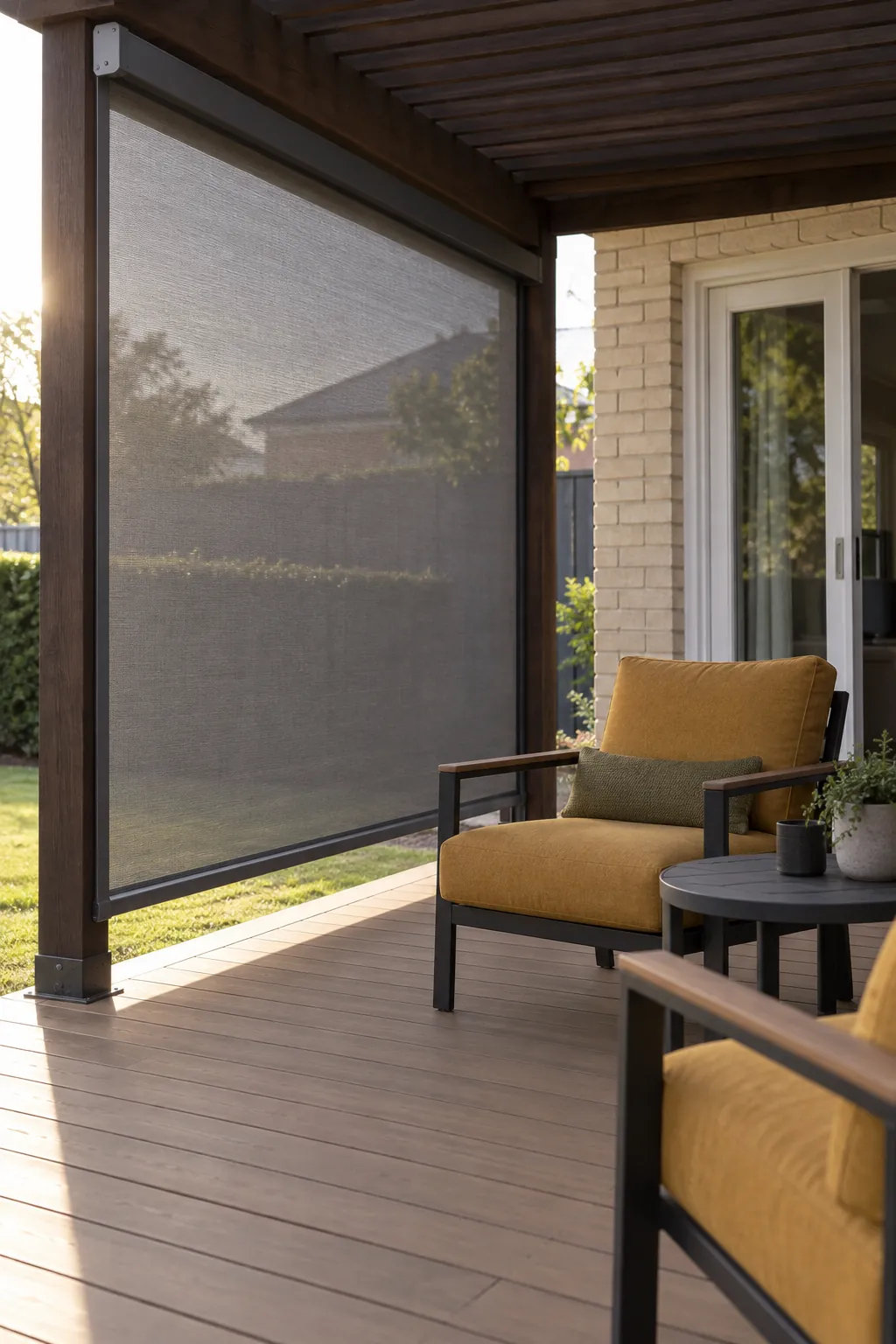 A side screen for afternoon sun beneath an attached deck pergola