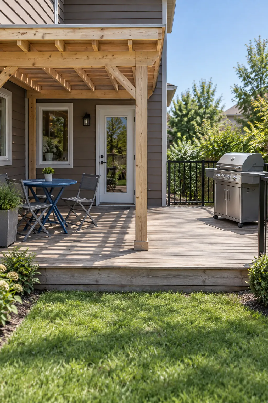 A cooking zone beside an open seating bay beneath an attached deck pergola
