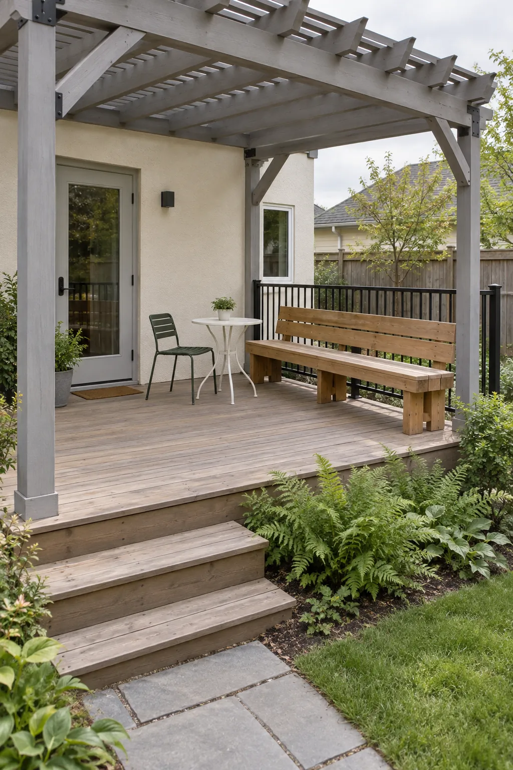 A bench at the outer edge of a small deck beneath an attached deck pergola